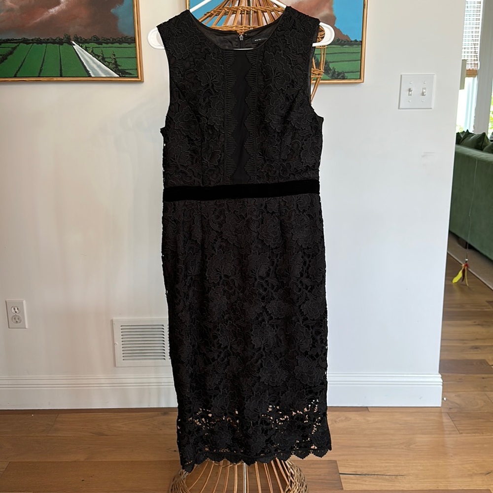 Black heavy lace overlay sheath dress from White House Black Market, size 10